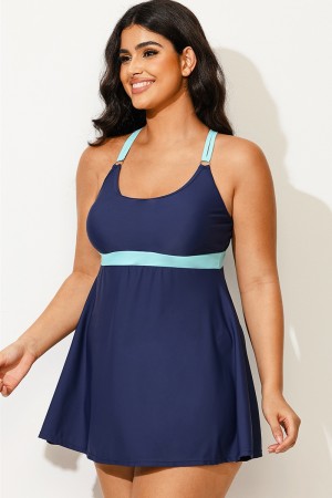 Traje De Baño De Talla Grande Espalda Cruzada Con Bloques De Color Azul