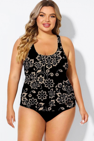 Top tankini tipo blusón con espalda cruzada y estampado floral dorado