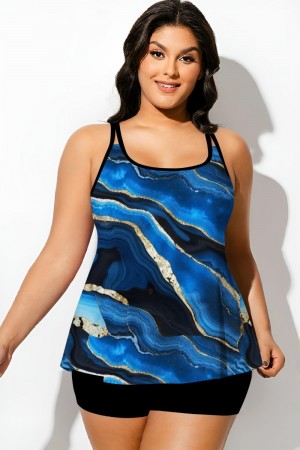 Top de tankini con cuello redondo, estampado azul y detalles dorados jaspeados